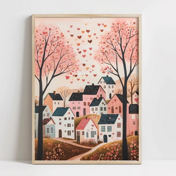 Cute Retro Cottagecore Valentine Village Print Pink Town Valentines Day Wall Art Whimsical Apartment Decor Pink Aesthetic