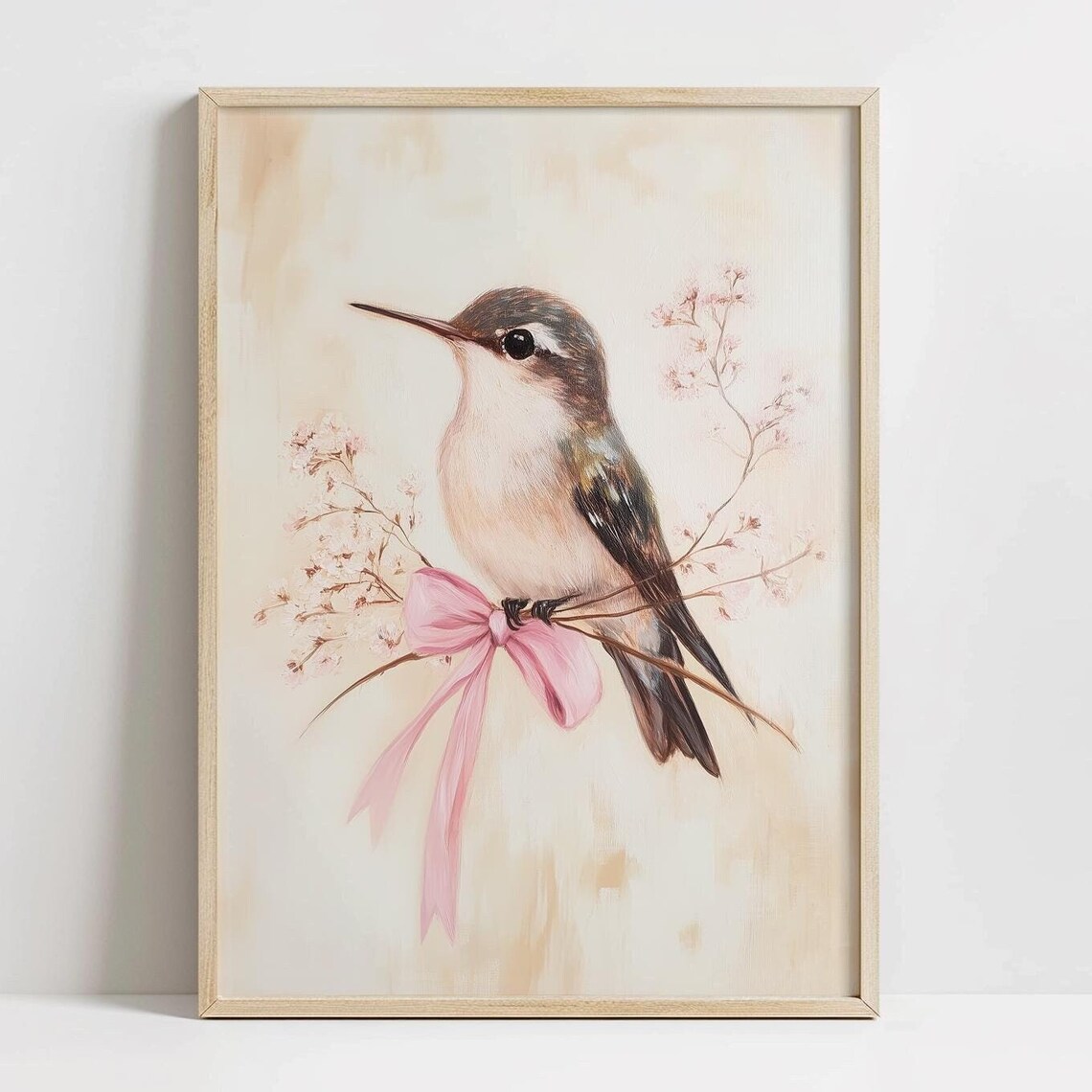 Hummingbird Pink Bow Blossom Branch Vintage Spring Art Poster