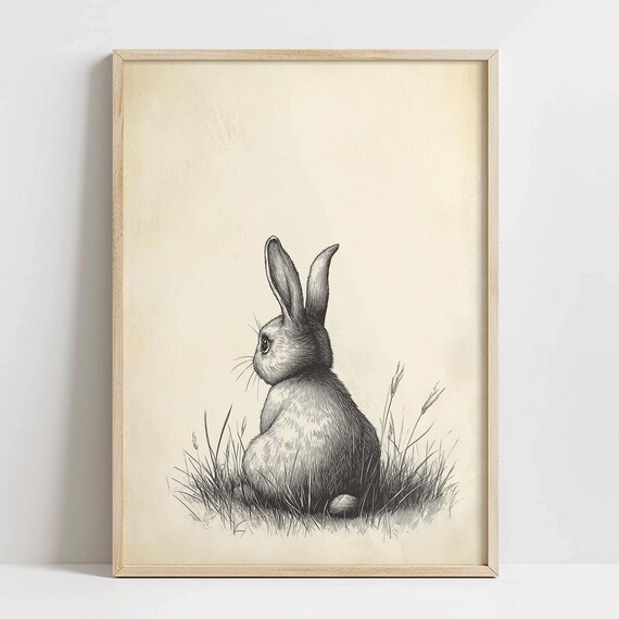 Vintage Rabbit Sketch Sitting in Grass Beige Easter Bunny Art Poster