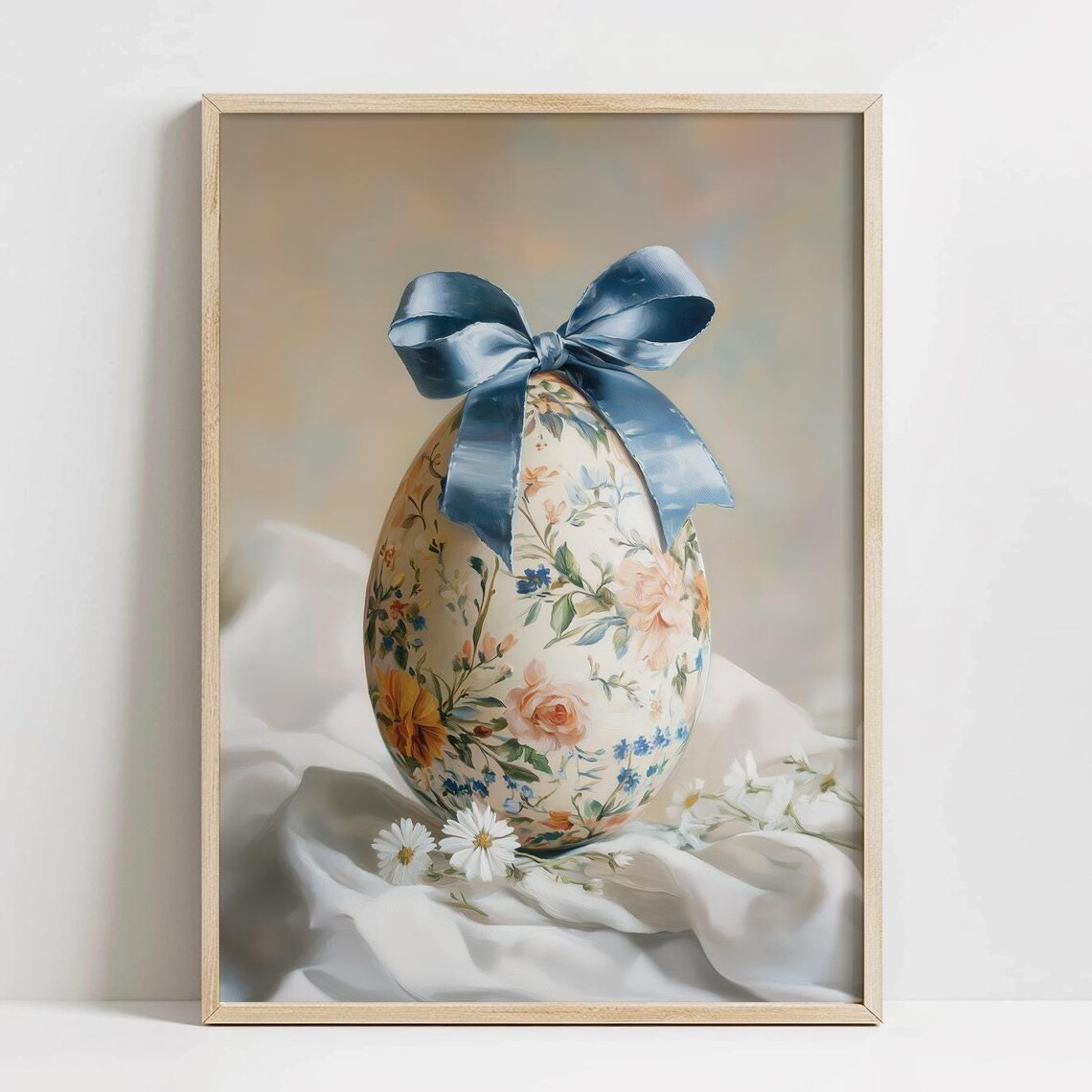 Floral Easter Egg with Blue Satin Bow on White Silk Still Life Poster