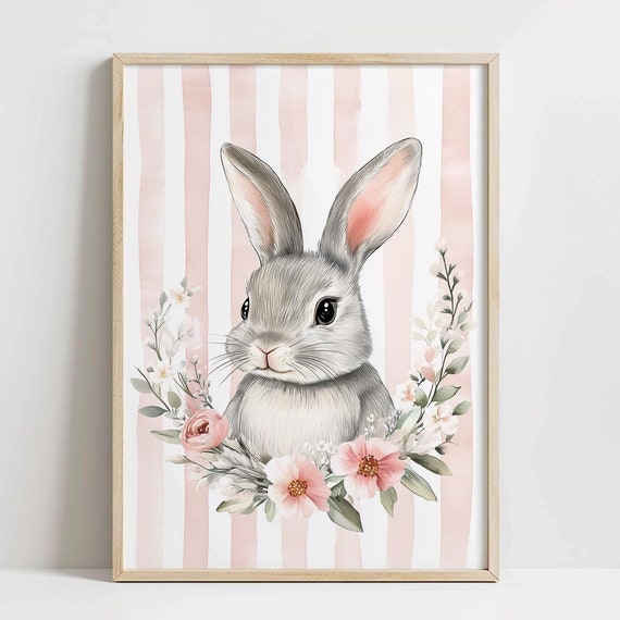 Cute Pink Floral Bunny Art Pink Stripe Spring Nursery Wall Art Girly Easter Decor Grandmillenial Nursery Rabbit Wall Art A701