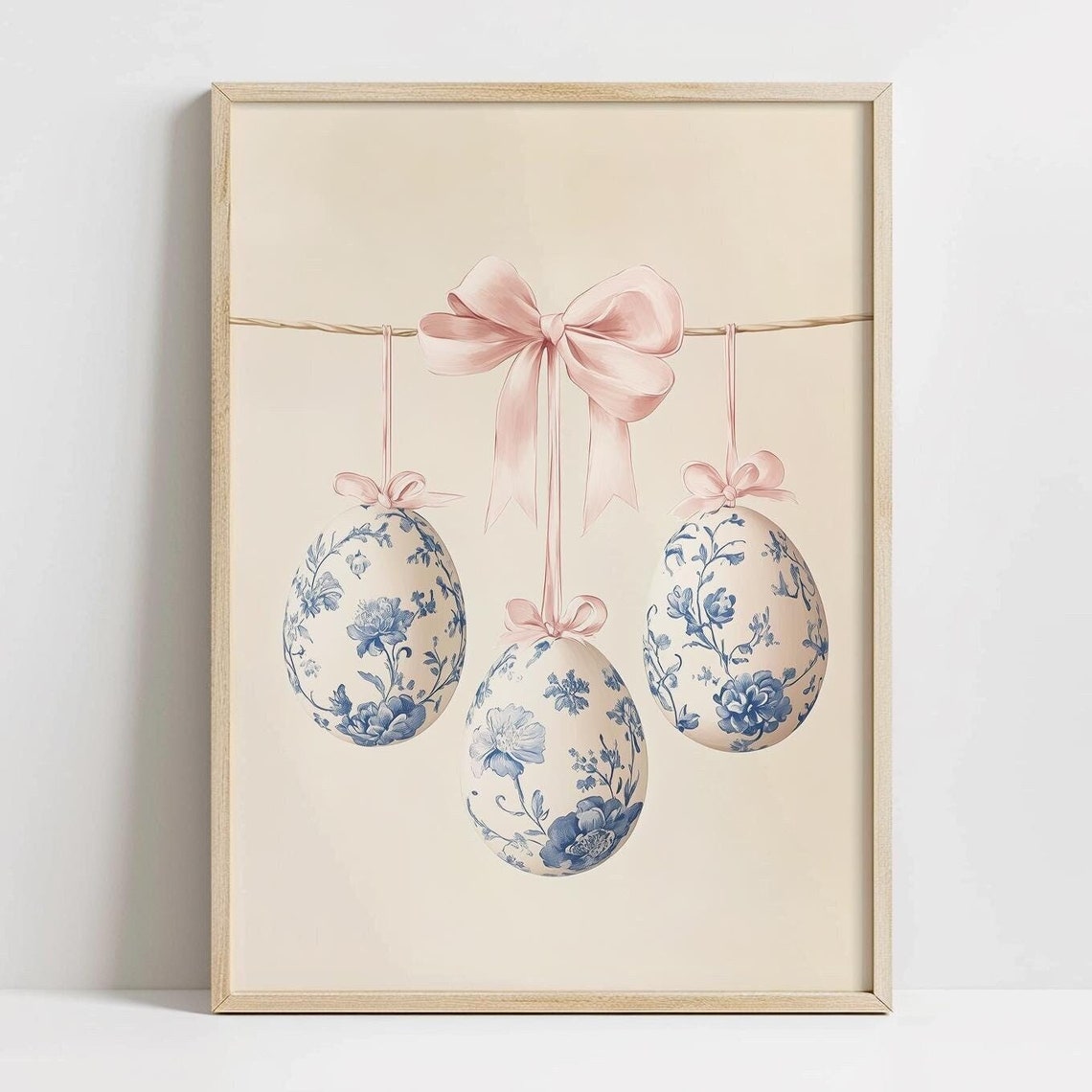 Blue Floral Chinoiserie Easter Eggs Pink Bow Spring Wall Art