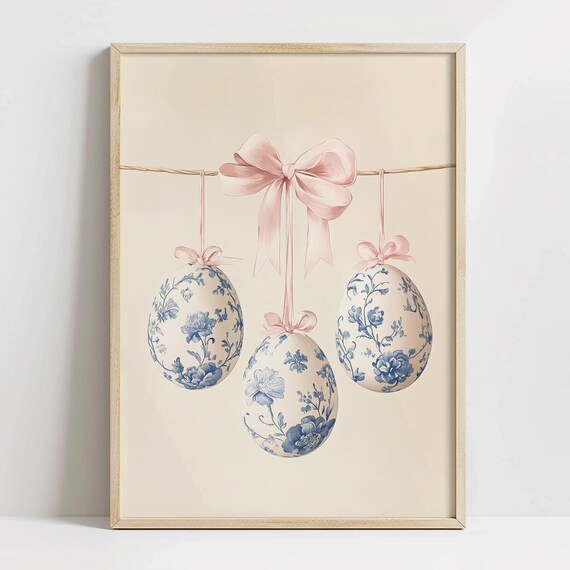 Blue Floral Chinoiserie Easter Eggs Pink Bow Spring Wall Art
