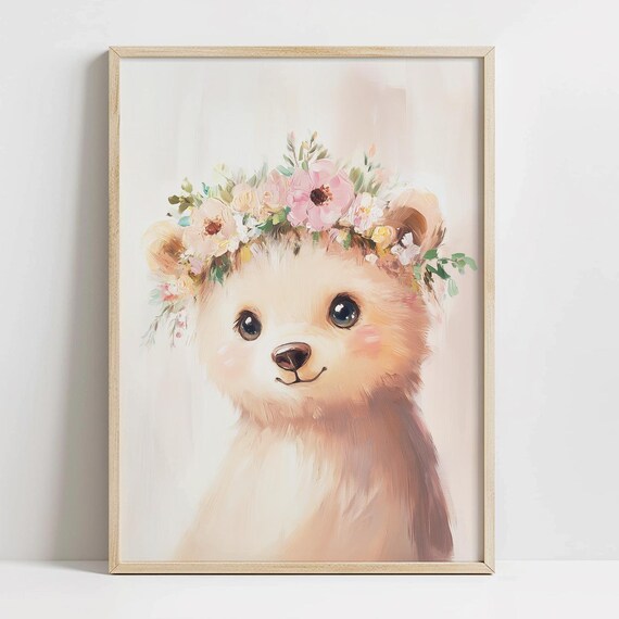 Bear Cub Floral Crown Watercolor Sweet Nursery Animal Poster