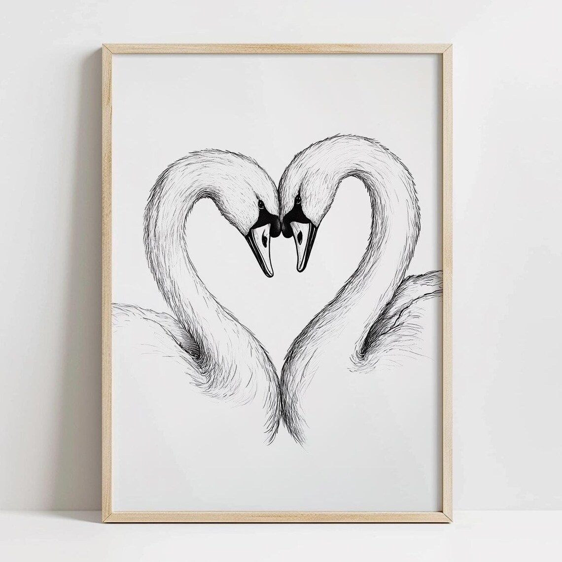 Two Swans Necks Forming Heart Black and White Sketch Love Art Poster