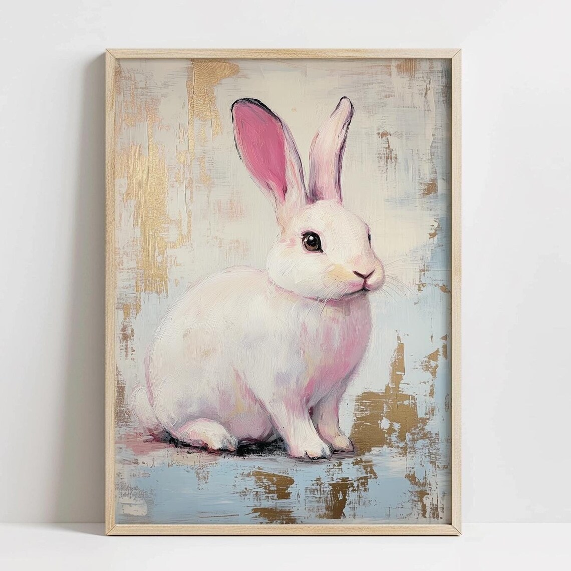 White Bunny With Pink Ears Vintage Gold Abstract Nursery Poster