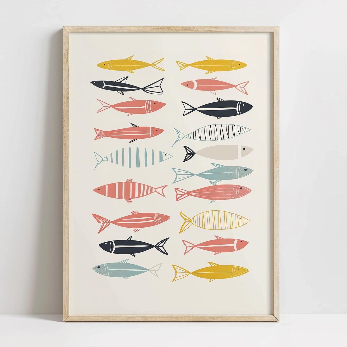 Mid Century Fish School Pattern Retro Scandinavian Wall Poster