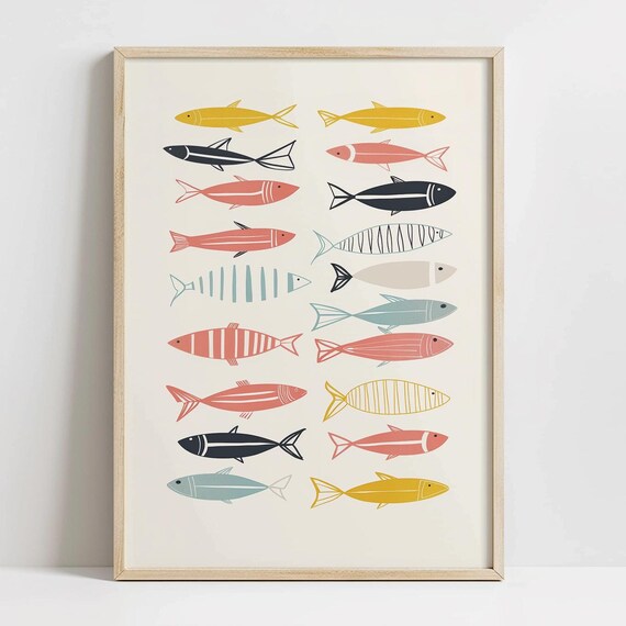 Cute Retro Sardine Fish Poster Print Beachy Home Decor Minimalist Kitchen Wall Art Coastal Home Art Preppy Pastel Fish Poster