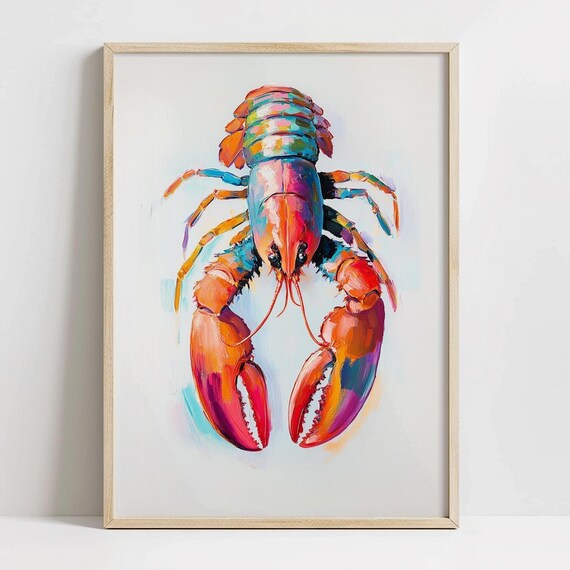 Trendy Colorful Lobster Print Beachy Kitchen Decor Seafood Wall Art Bright Colors Lobster Print Shellfish Art