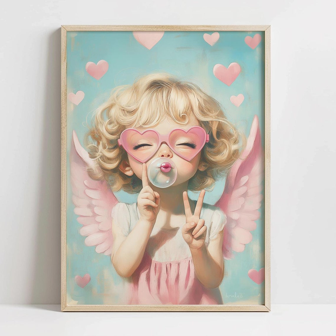 Pastel Pink Little Girl Cupid Poster Nursery Art Pink Blue Kids Room Painting Girls Nursery Playroom Art