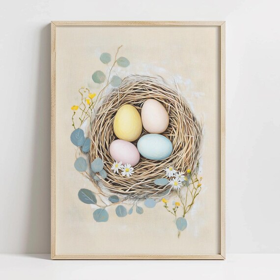 Pastel Easter Eggs Bird Nest Daisies Spring Rustic Art Print