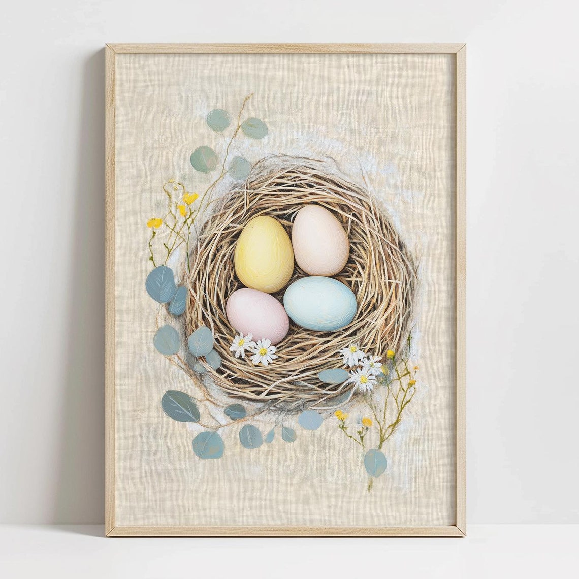 Pastel Easter Eggs Bird Nest Daisies Spring Rustic Art Print