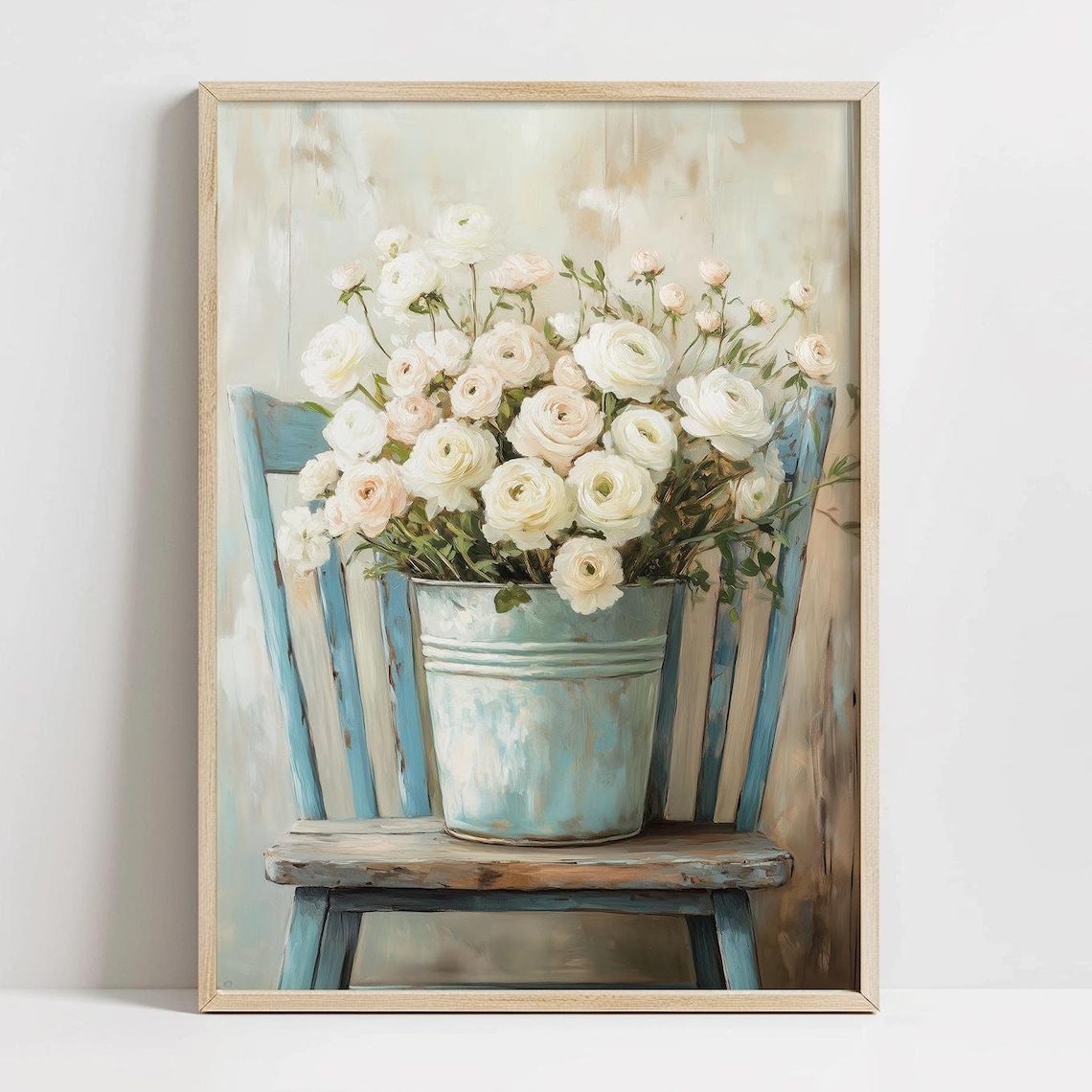 White Ranunculus Bouquet in a Blue Bucket on a Rustic Chair Art Poster