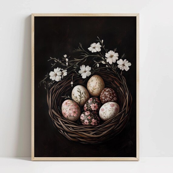 Dark Moody Floral Easter Eggs Nest With White Flowers Poster