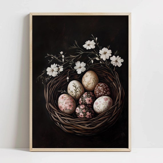 Moody Vintage Easter Eggs Print Muted Spring Art Farmhouse Easter Decor Dark Cottagecore Wall Art Cozy Moody Spring Home Decor