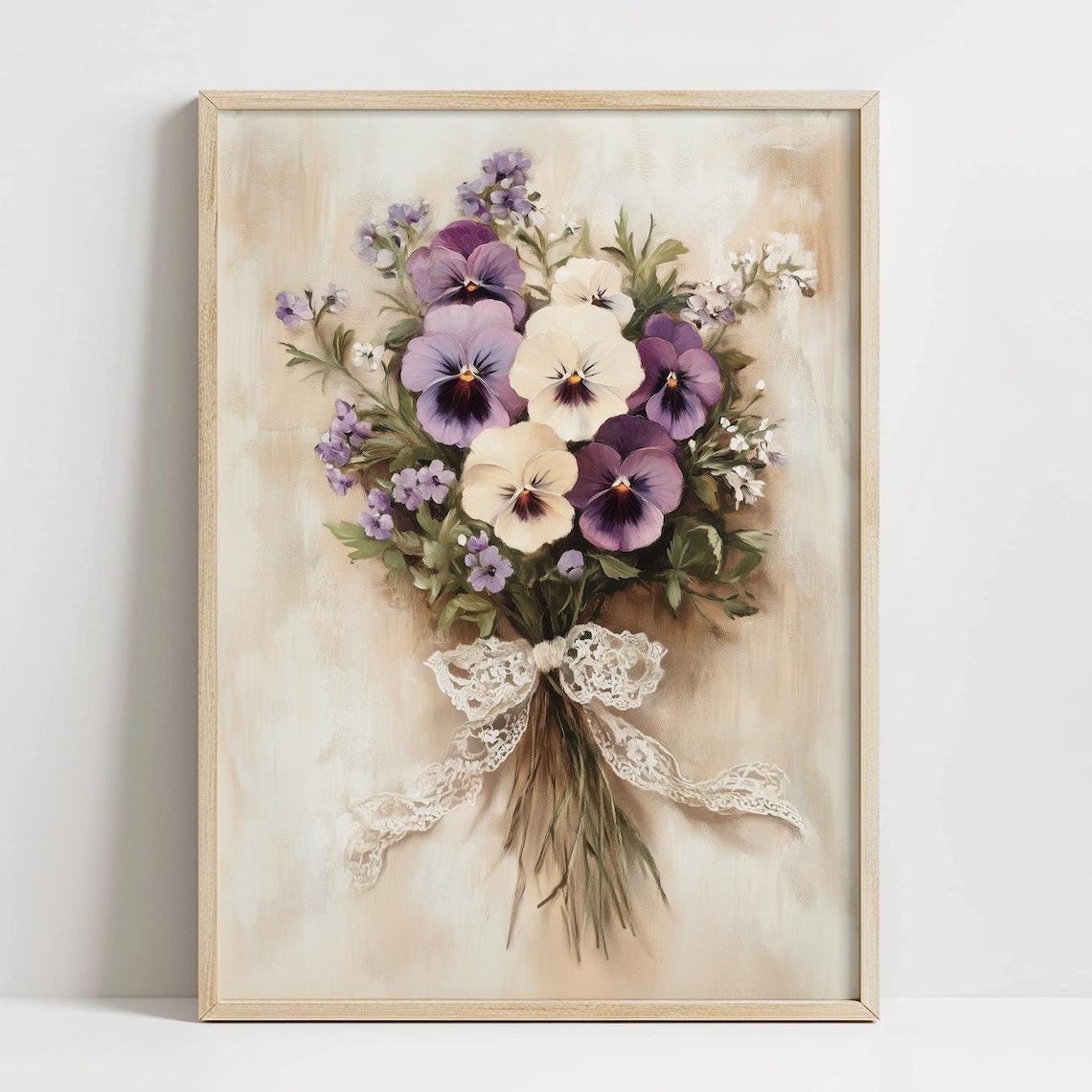 Purple Pansy Bouquet Tied With Lace Bow Vintage Floral Poster