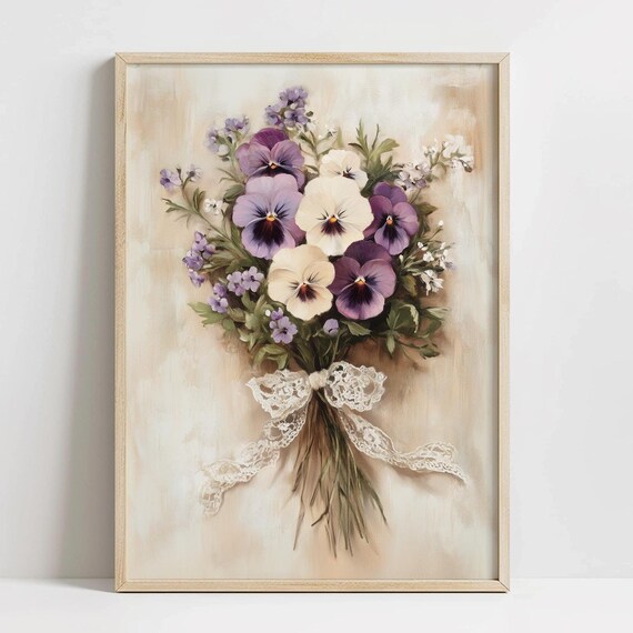 Purple Pansy Bouquet Tied With Lace Bow Vintage Floral Poster