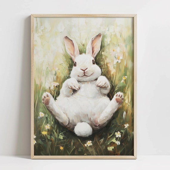 Adorable White Rabbit Print Cute Easter Nursery Art Unique Easter Bunny Decor Spring Wall Art Cottagecore Rabbit Print