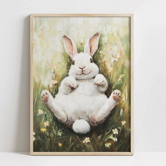 Chubby White Bunny Lying Meadow Flowers Playful Nursery Poster