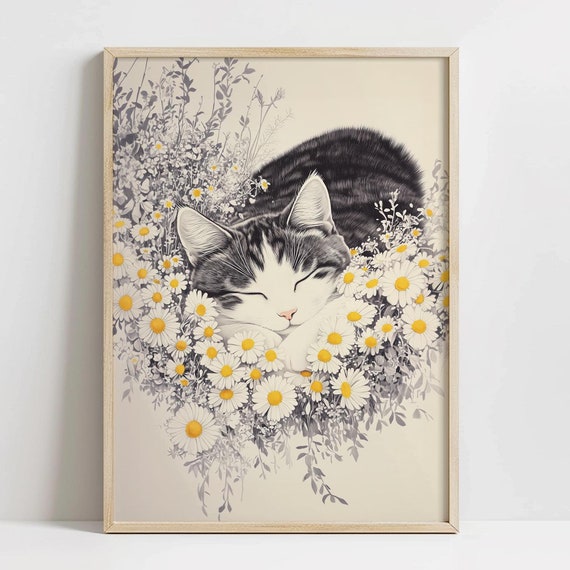 Cute Cat Sleeping In Daisies Print Asian Kitty Art Botanical Spring Decor Country Cottage Spring Flower Decor Daisy Cat Print