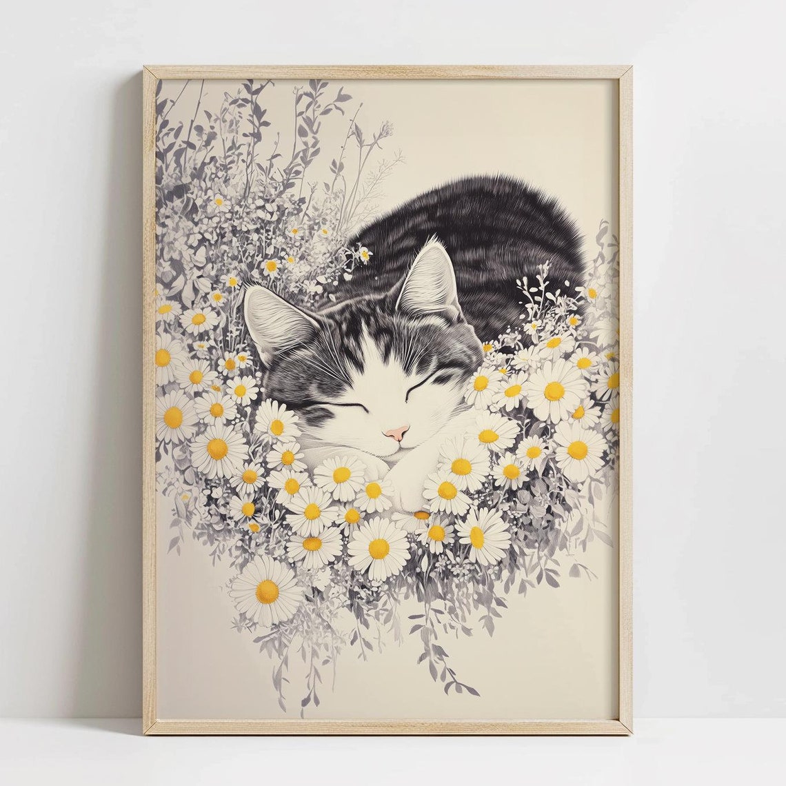 Sleeping Tabby Cat Daisy Garden Vintage Botanical Animal Print