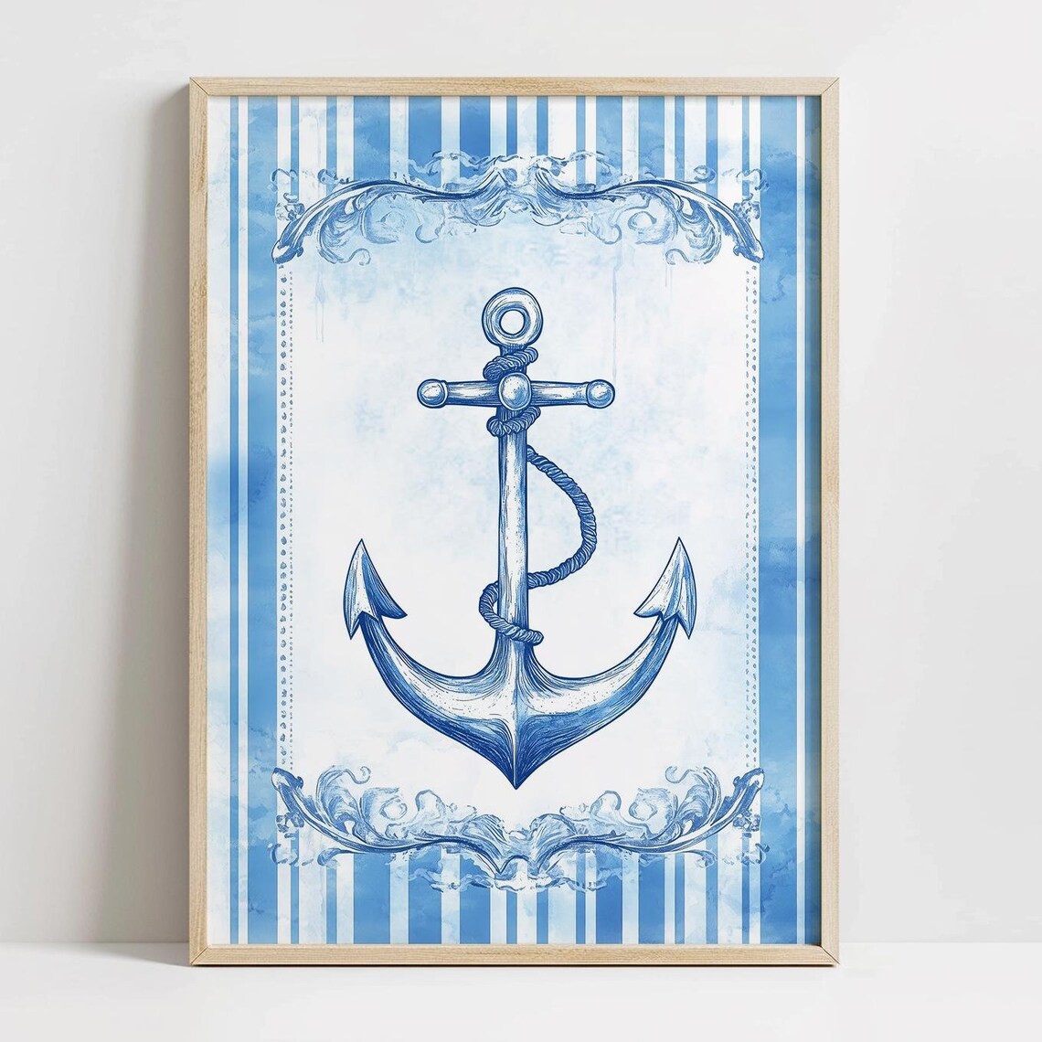 Classic Blue Anchor Rope Nautical Stripes Coastal Beach Poster