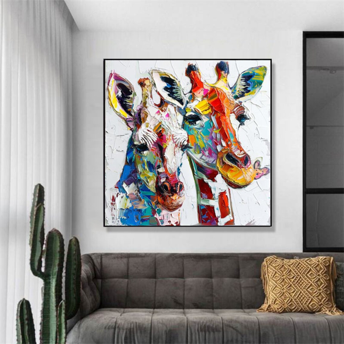 Two Colorful Giraffes Rainbow Palette Knife Animal Painting Poster - Image 5