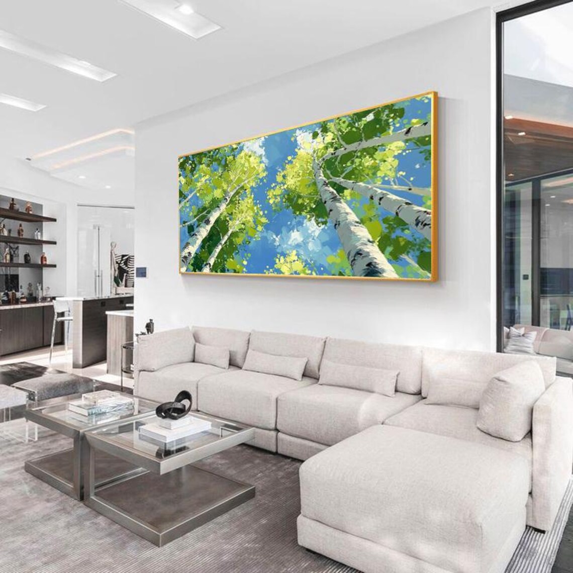 Green Birch Forest Abstract Oil Painting - Image 2