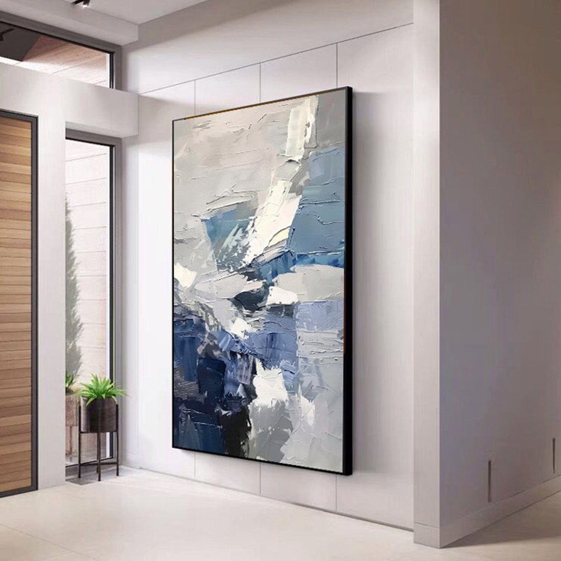 Blue Grey Abstract Vertical Palette Knife Modern Art Painting Poster - Image 5