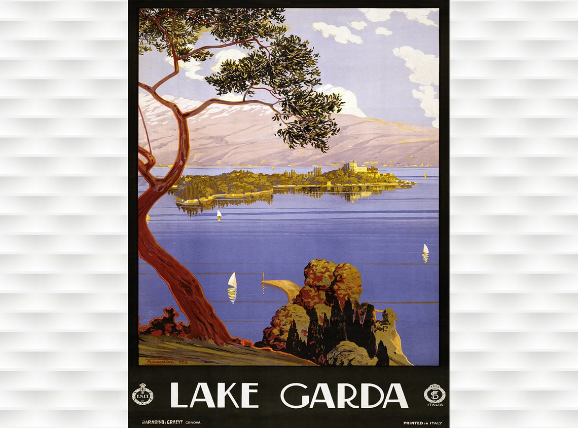 Lake Garda Italy ENIT Vintage Lakeside Sailboat Travel Poster