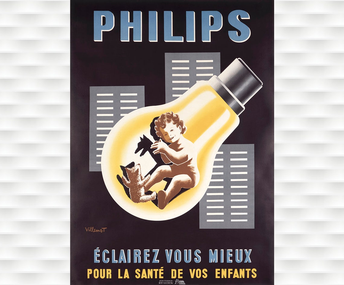 Philips Vintage Light Bulb Child Classic Villemot French Ad Poster