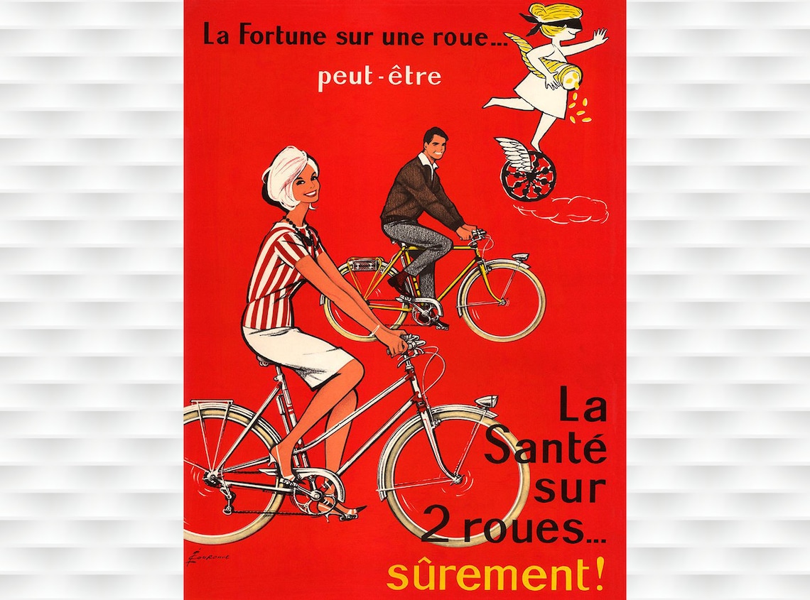 La Sante sur 2 Roues French Vintage Cycling Health Red Art Deco Poster