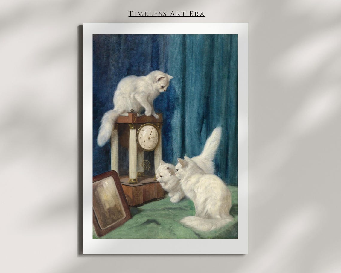 Classic Three White Cats Playing With Antique Clock Painting Poster