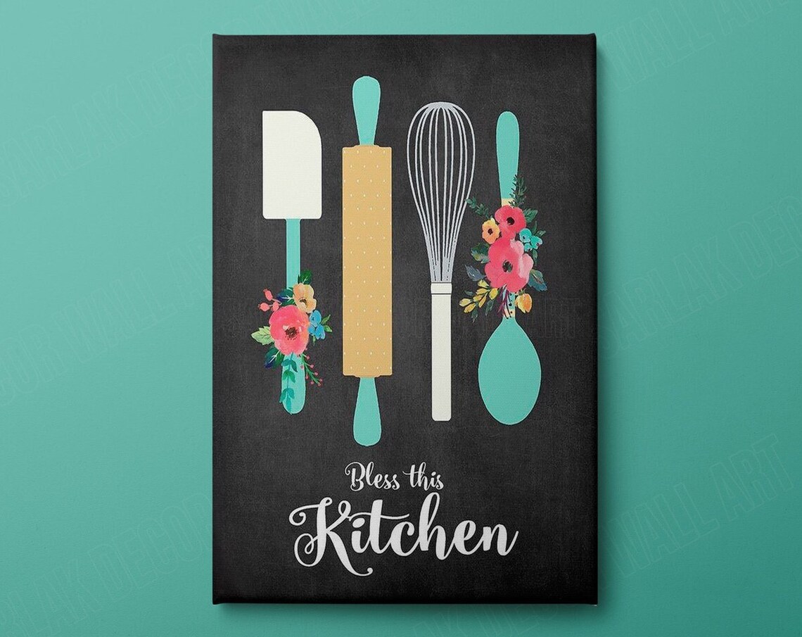 Bless This Kitchen Utensils Chalkboard Floral Farmhouse Sign Wall Art
