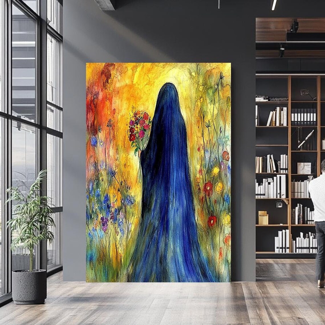 Virgin Mary Blue Veil Wildflower Meadow Watercolor Christian Wall Art