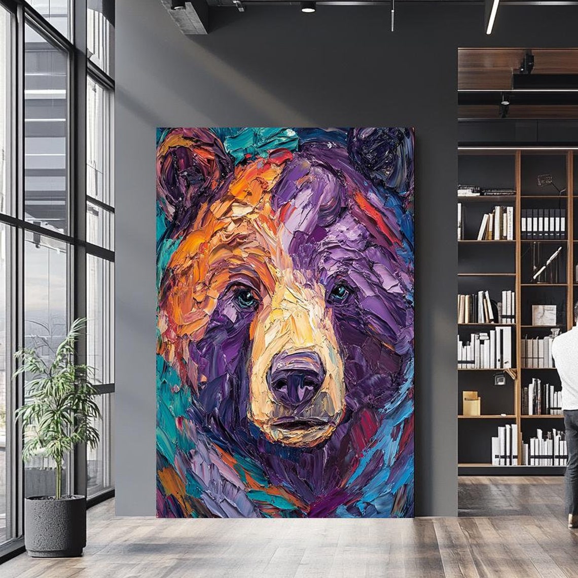 Colorful Abstract Bear Art Vibrant Textured Wildlife Painting Modern Animal Wall Decor Bold Bear Artwork