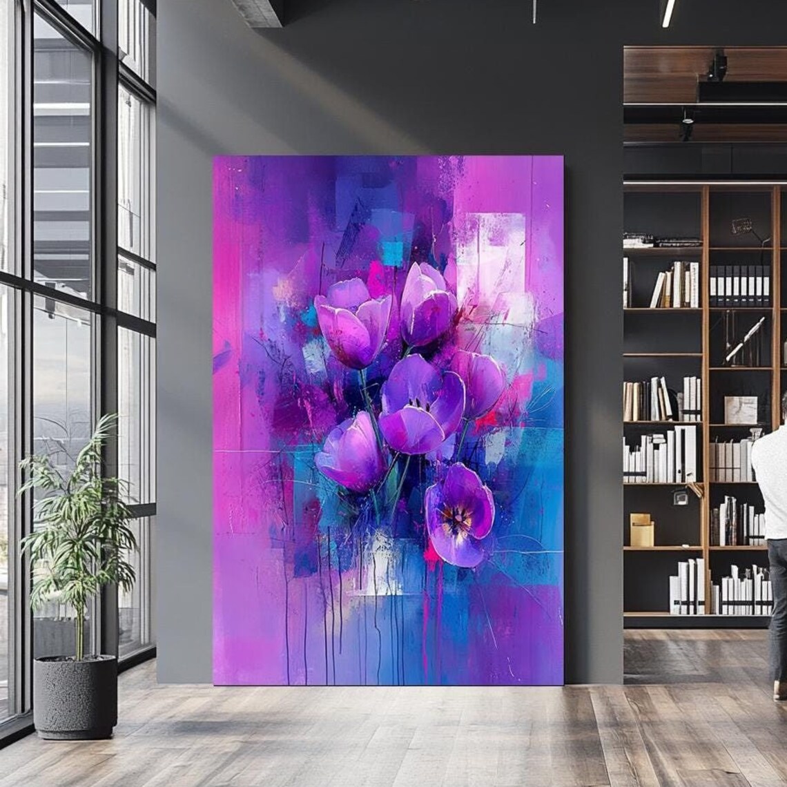 Abstract Purple Tulips Vibrant Floral Painting Modern Bold Wall Art