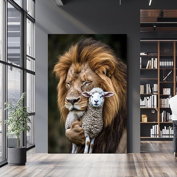 Lion Holding Lamb Gentle Embrace Faith Symbolic Wildlife Portrait Print