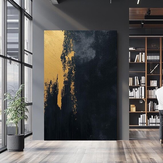 Minimalist Gold And Black Textured Wall Art Elegant Abstract Painting For Modern Home Decor
