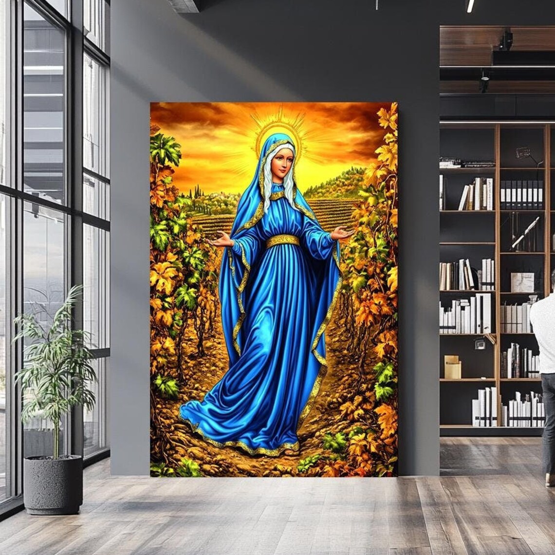 Virgin Mary In Blue Robe Vineyard Sunset Golden Halo Religious Poster