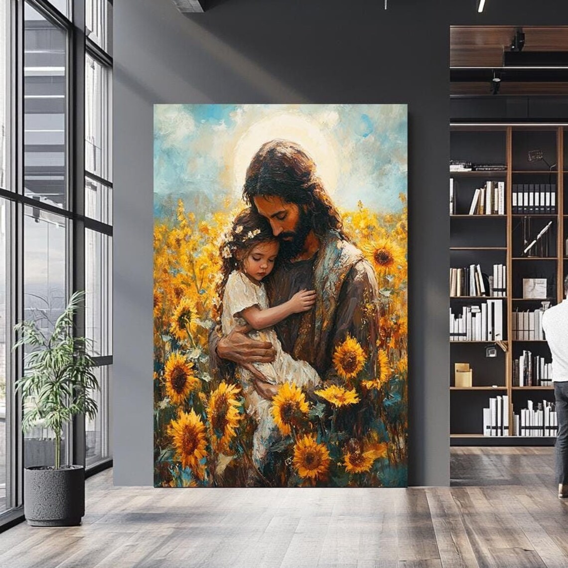 Jesus Embracing Child In Golden Sunflower Field Tender Christian Poster