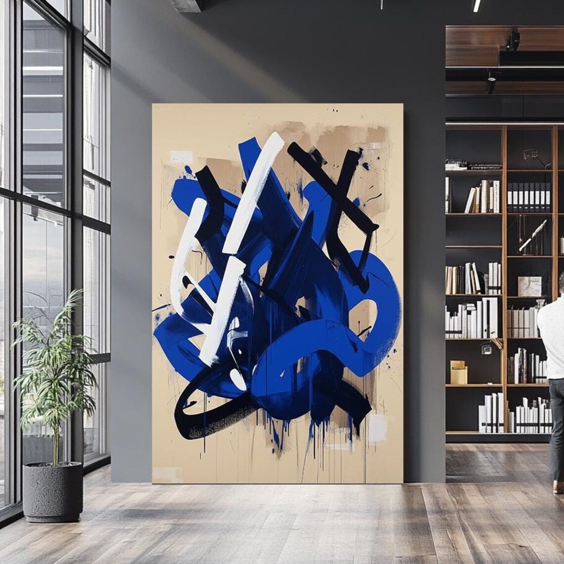 Bold Blue Black White Brush Stroke Beige Modern Abstract Art Poster