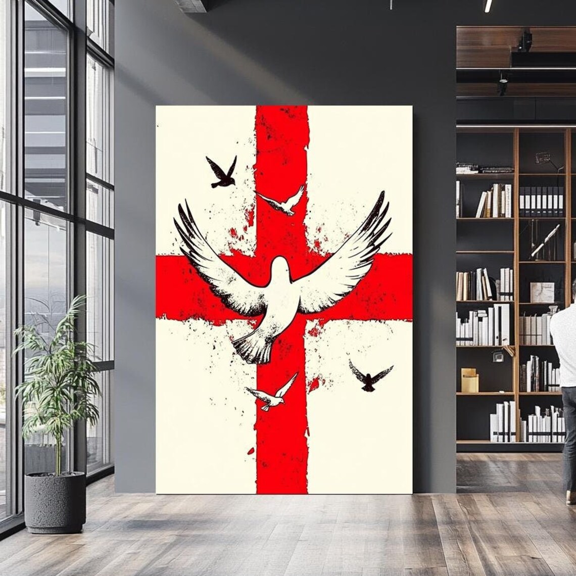 Red Cross White Dove Flying Birds Bold Peace Symbol Art Poster