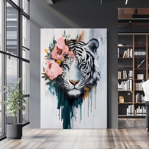 White Tiger Floral Crown Pink Flowers Dripping Paint Wildlife Poster