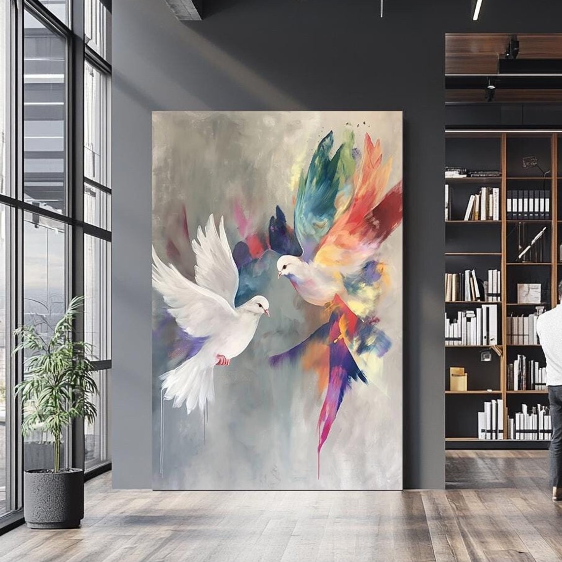 White Dove Colorful Watercolor Pair Peace Symbol Bird Art Wall Poster
