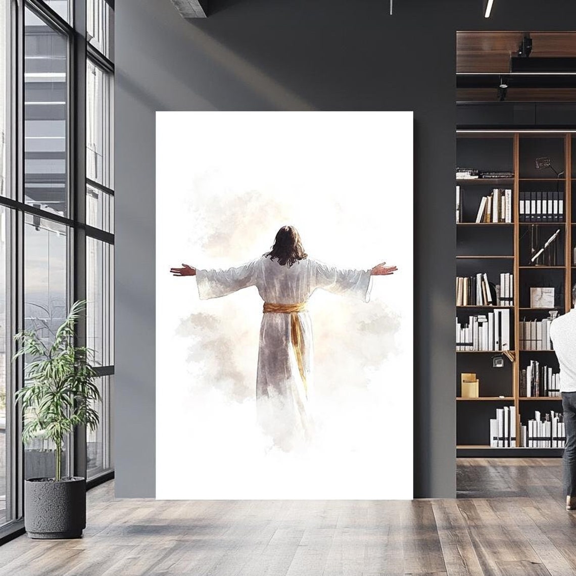 Jesus With Open Arms Watercolor Back View White Robe Gold Sash Poster