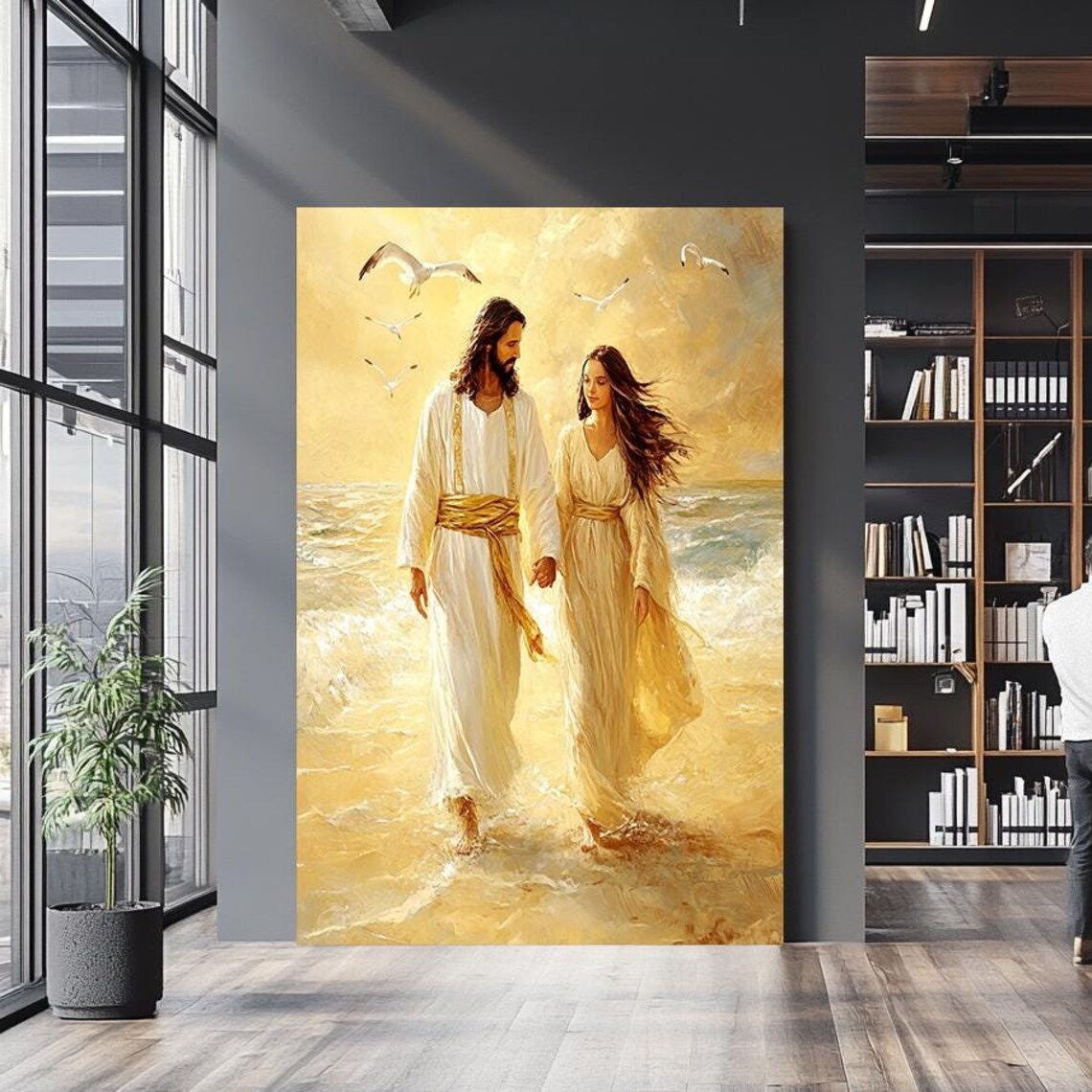Jesus Walking With Woman On Golden Beach Ocean Waves Seagulls Poster