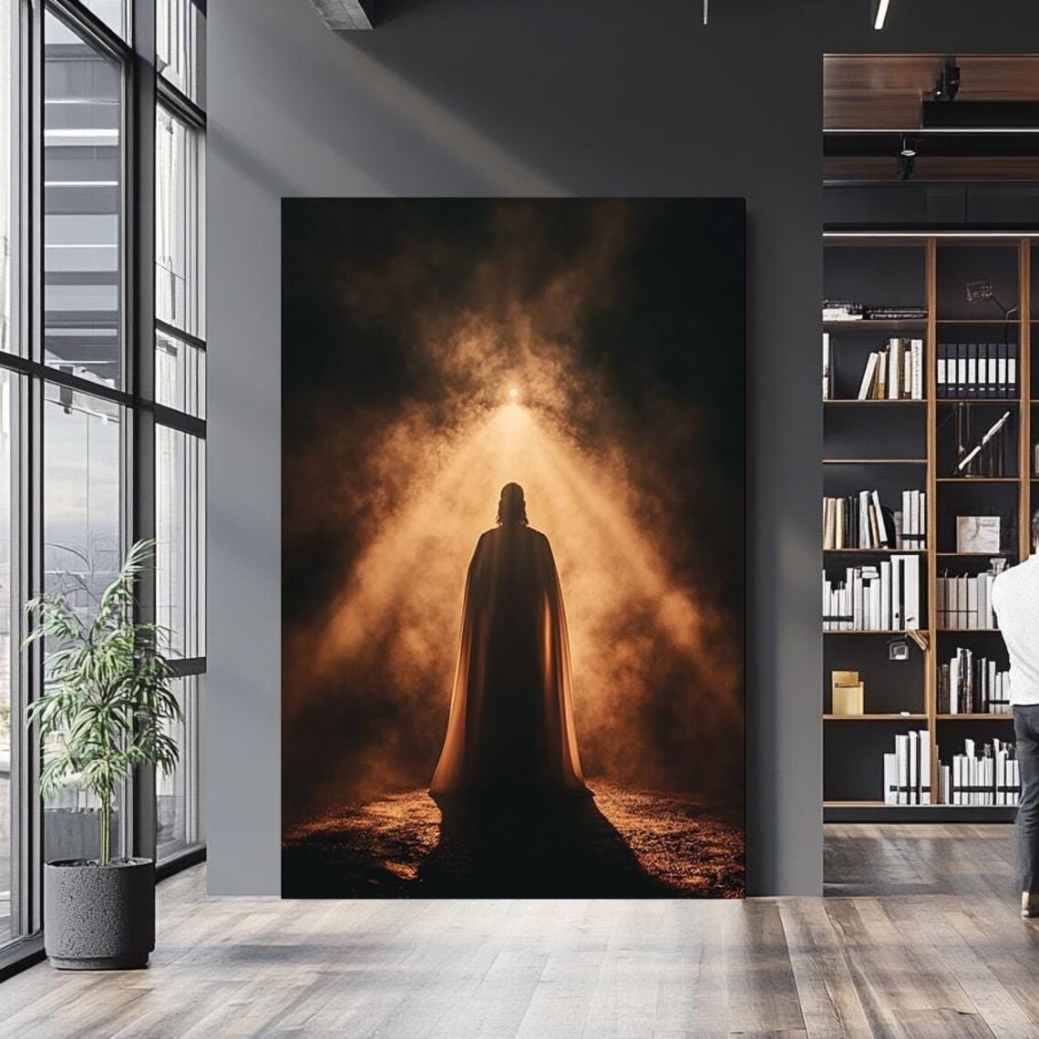 Jesus Silhouette Walking Toward Golden Divine Light Spiritual Poster