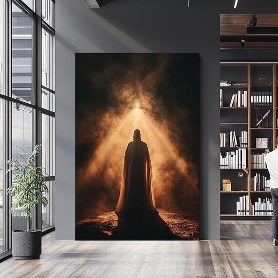 Jesus Silhouette Walking Toward Golden Divine Light Spiritual Poster