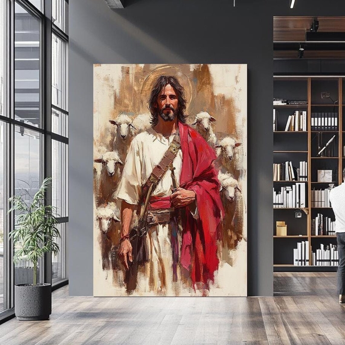 Jesus Christ Good Shepherd Flock Sheep Red Robe Faith Art Wall Poster